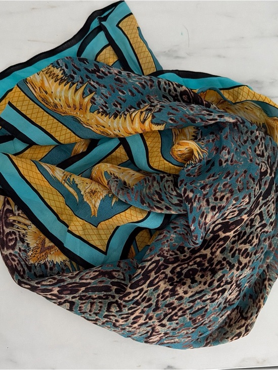 Vintage Accessories - Vintage Silk Scarf Made In Italy Leopard Animal Print Turquoise Gold 66 X 25